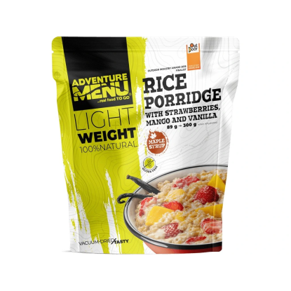 Adventure menu Rice porridge with strawberries, mango and vanilla sublimuotas maistas