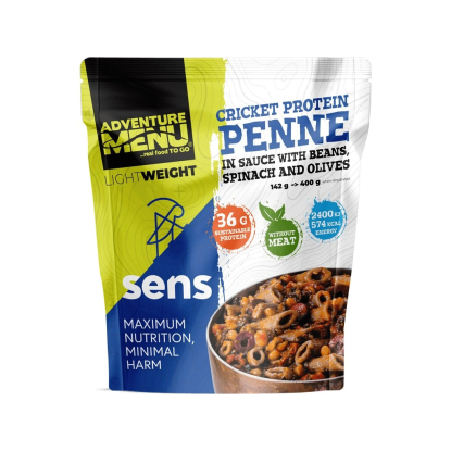Adventure menu Cricket protein penne in sauce with beans, spinach and olives sublimuotas maistas