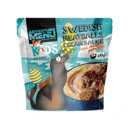 Adventure menu Swedish meatballs with cream sauce and mashed potatoes sublimuotas maistas